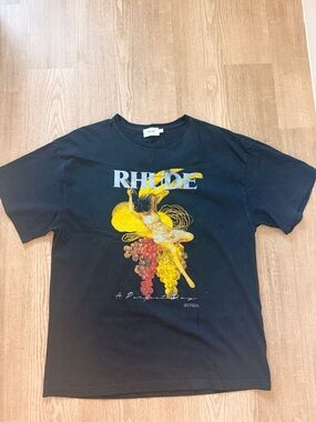 Rhude Black Tee with Yellow & Light Blue Graphic